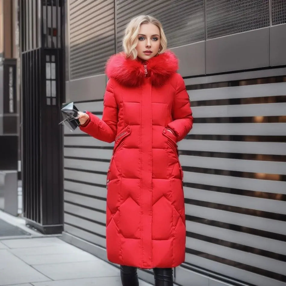 Women's Quilted Synthetic Long Coat with Faux-Fur Hood and Zip Pockets