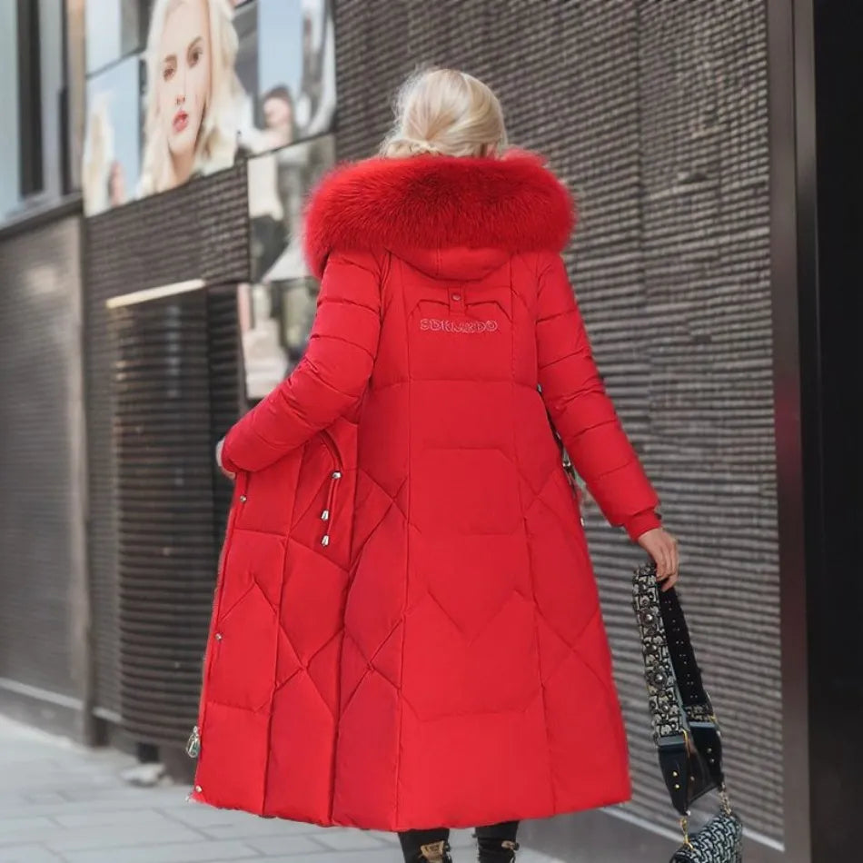 Women's Quilted Synthetic Long Coat with Faux-Fur Hood and Zip Pockets