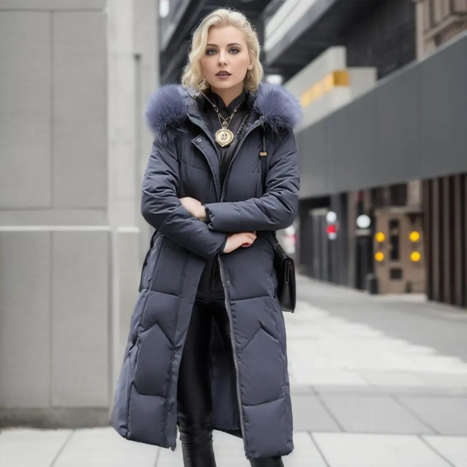 Women's Quilted Synthetic Long Coat with Faux-Fur Hood and Zip Pockets