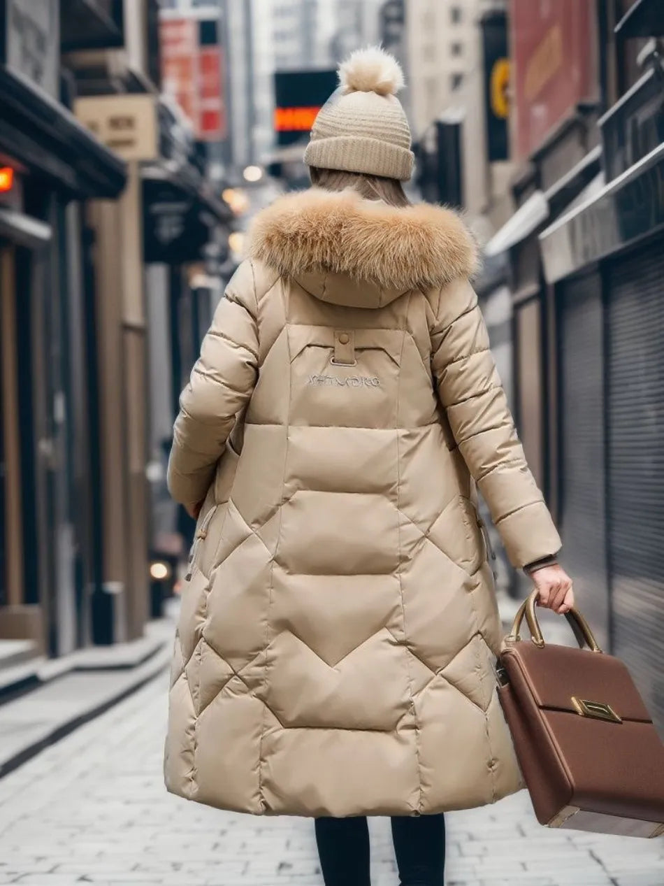 Women's Quilted Synthetic Long Coat with Faux-Fur Hood and Zip Pockets