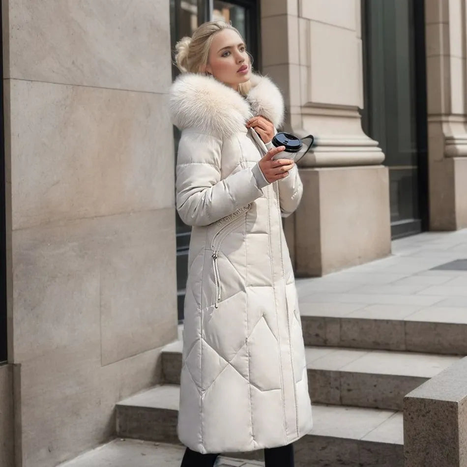 Women's Quilted Synthetic Long Coat with Faux-Fur Hood and Zip Pockets
