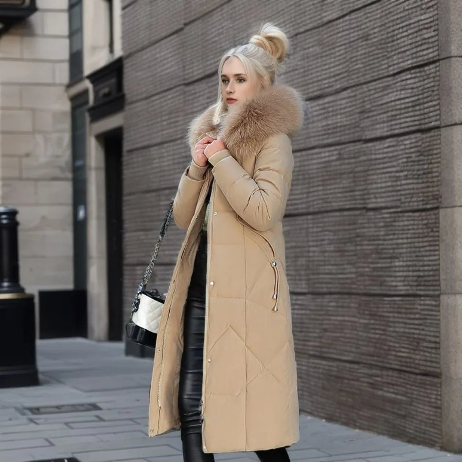 Women's Quilted Synthetic Long Coat with Faux-Fur Hood and Zip Pockets