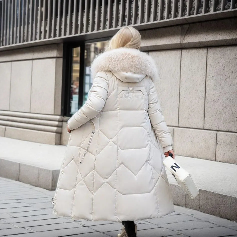 Women's Quilted Synthetic Long Coat with Faux-Fur Hood and Zip Pockets