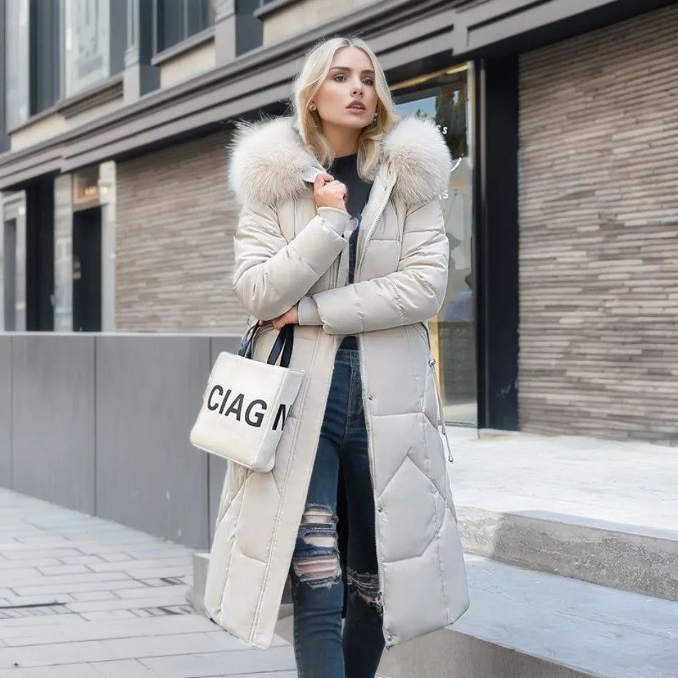 Women's Quilted Synthetic Long Coat with Faux-Fur Hood and Zip Pockets