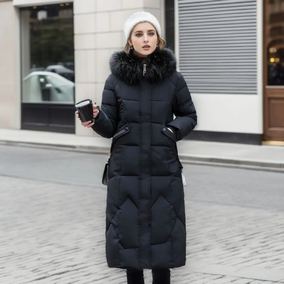 Women's Quilted Synthetic Long Coat with Faux-Fur Hood and Zip Pockets