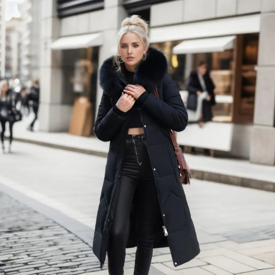 Women's Quilted Synthetic Long Coat with Faux-Fur Hood and Zip Pockets