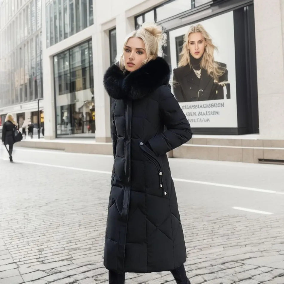 Women's Quilted Synthetic Long Coat with Faux-Fur Hood and Zip Pockets