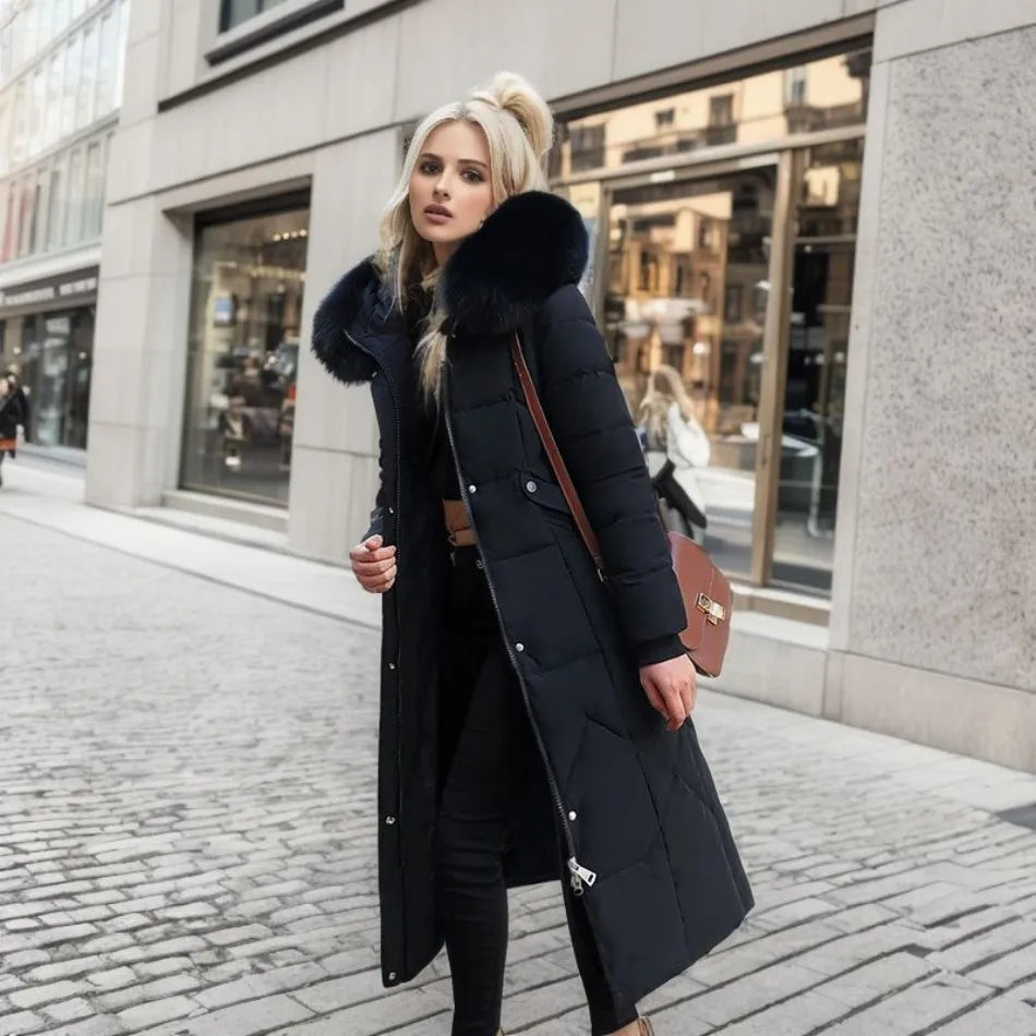 Women's Quilted Synthetic Long Coat with Faux-Fur Hood and Zip Pockets
