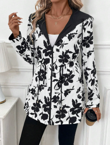 Women's Reversible Polyester Coat with Hood and Zip Pockets