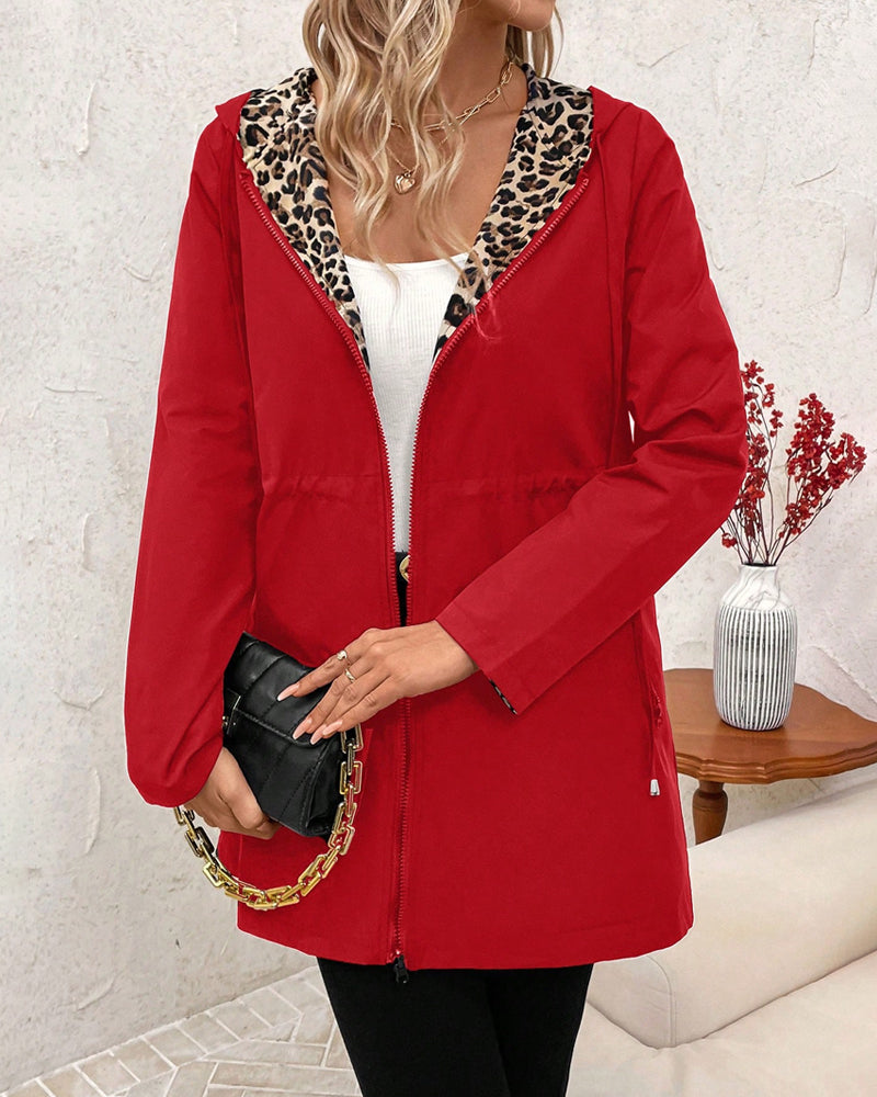Women's Reversible Polyester Coat with Hood and Zip Pockets