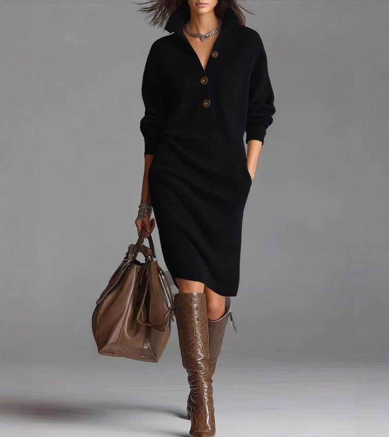 Women's Rib-Knit Midi Dress with Pointed Collar and Half Placket