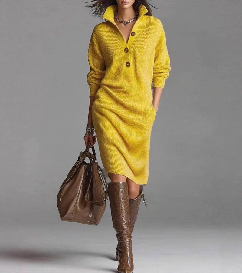 Women's Rib-Knit Midi Dress with Pointed Collar and Half Placket