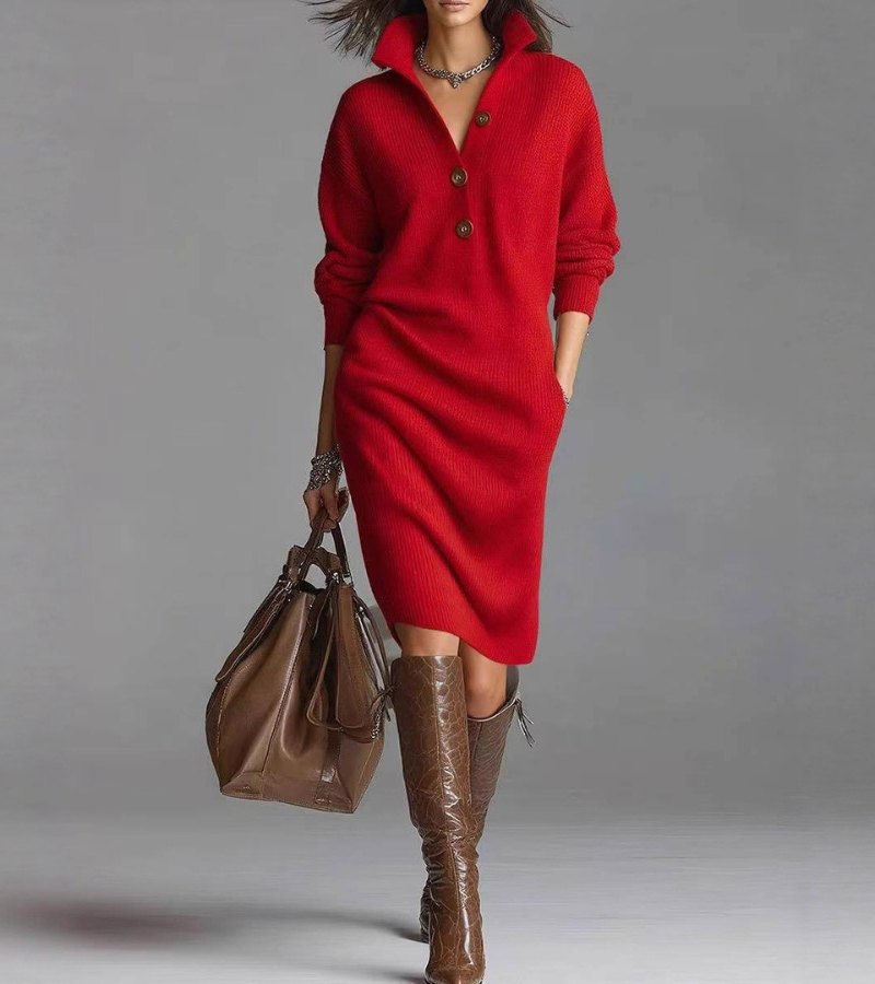 Women's Rib-Knit Midi Dress with Pointed Collar and Half Placket