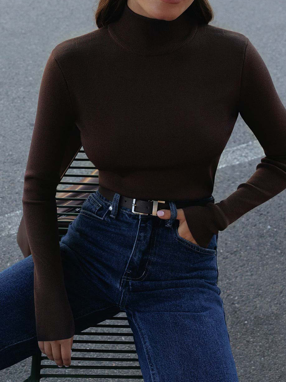 Women's rib knit sweater with mock neck and long sleeves