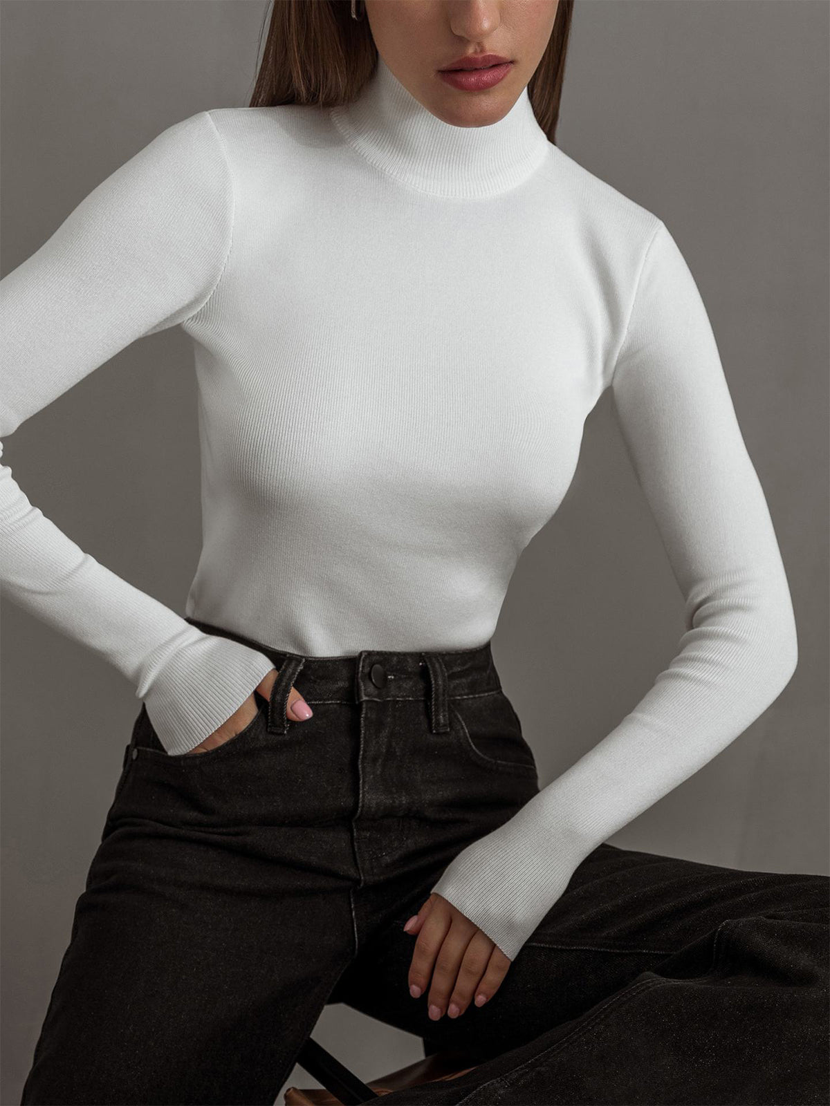 Women's rib knit sweater with mock neck and long sleeves