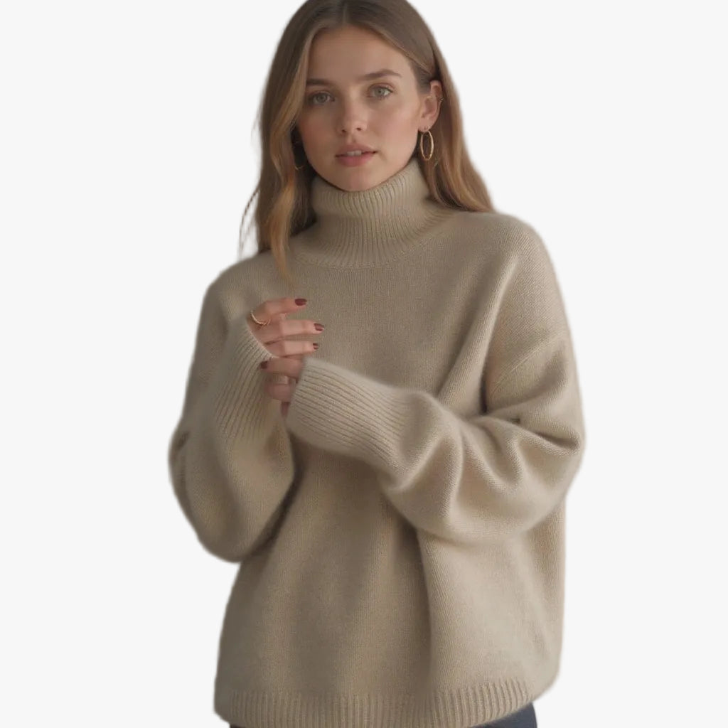 Women's Rib Knit Sweater with Turtleneck and Drop Shoulders