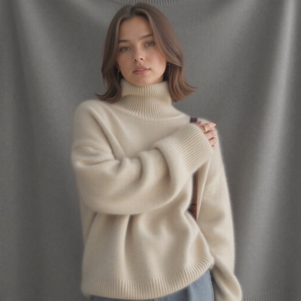 Women's Rib Knit Sweater with Turtleneck and Drop Shoulders
