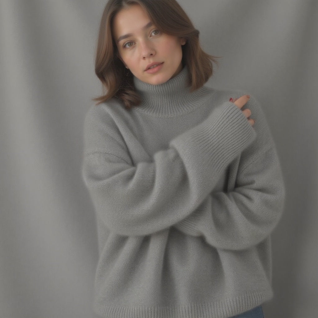 Women's Rib Knit Sweater with Turtleneck and Drop Shoulders