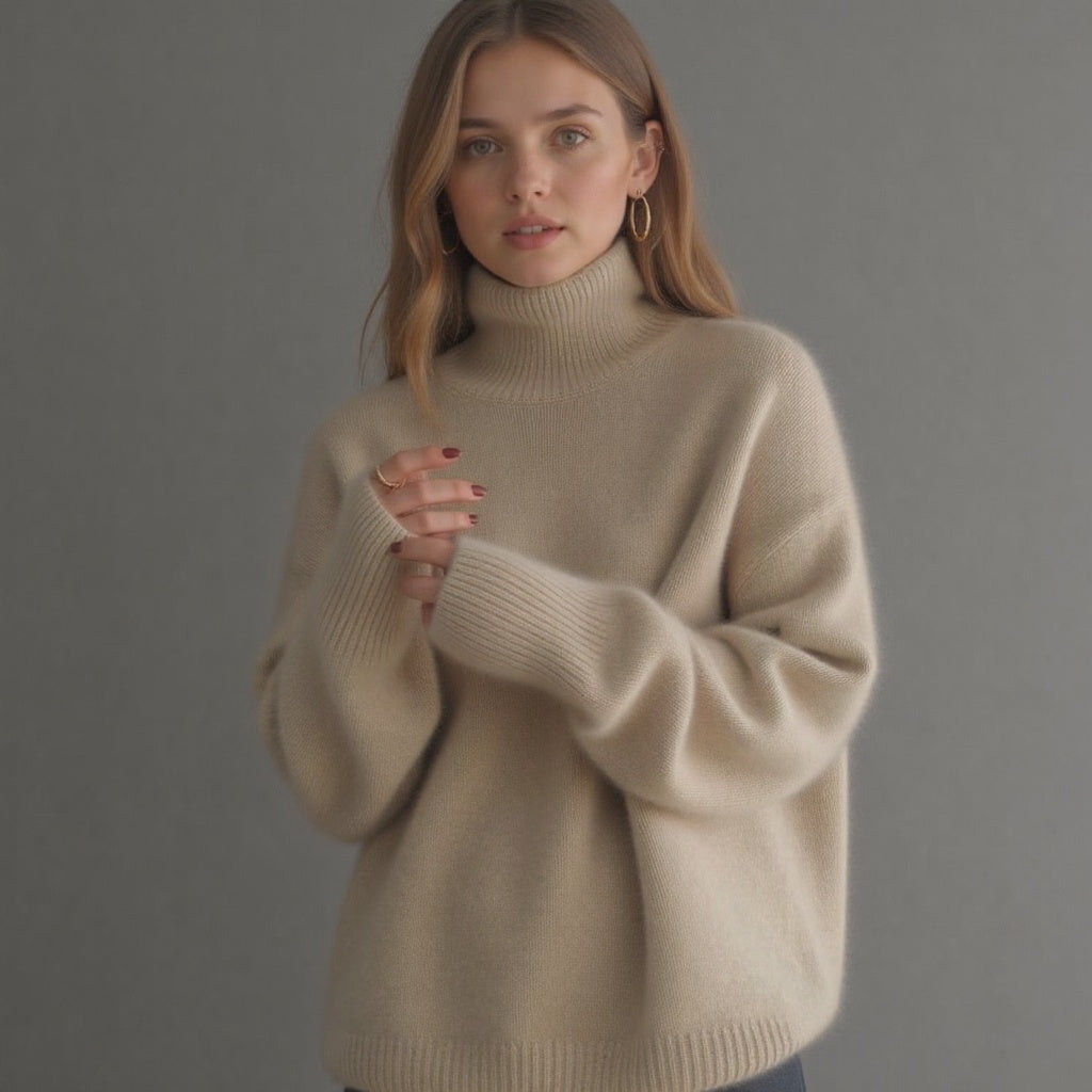 Women's Rib Knit Sweater with Turtleneck and Drop Shoulders