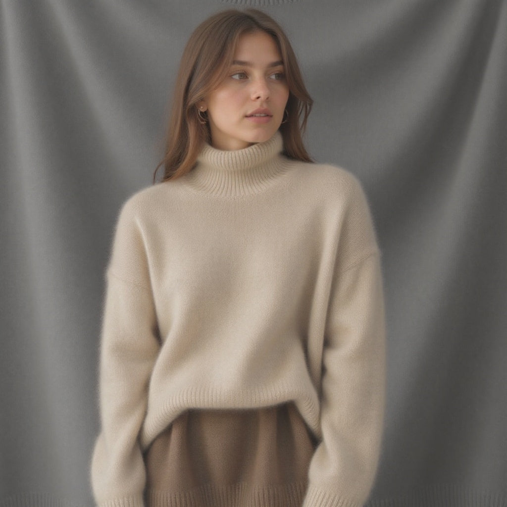 Women's Rib Knit Sweater with Turtleneck and Drop Shoulders