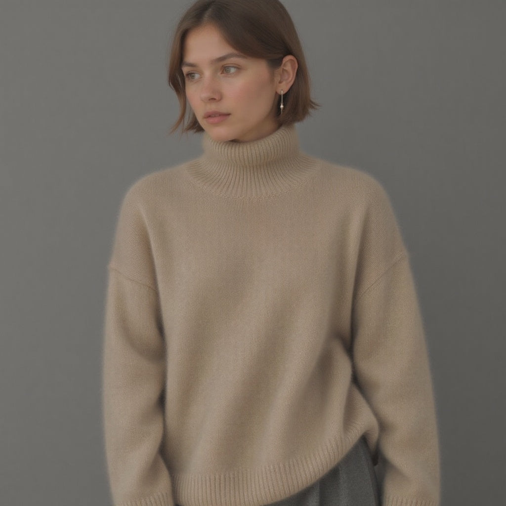 Women's Rib Knit Sweater with Turtleneck and Drop Shoulders