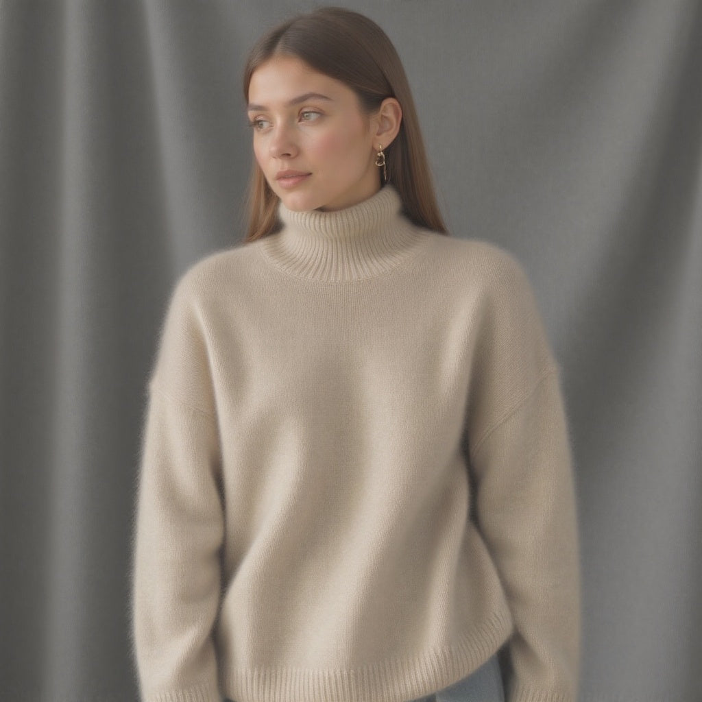 Women's Rib Knit Sweater with Turtleneck and Drop Shoulders