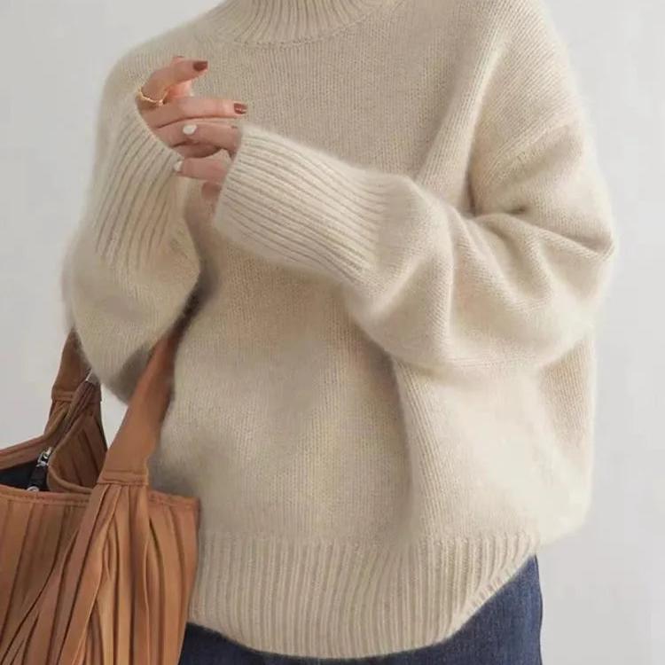 Women's Rib Knit Sweater with Turtleneck and Drop Shoulders