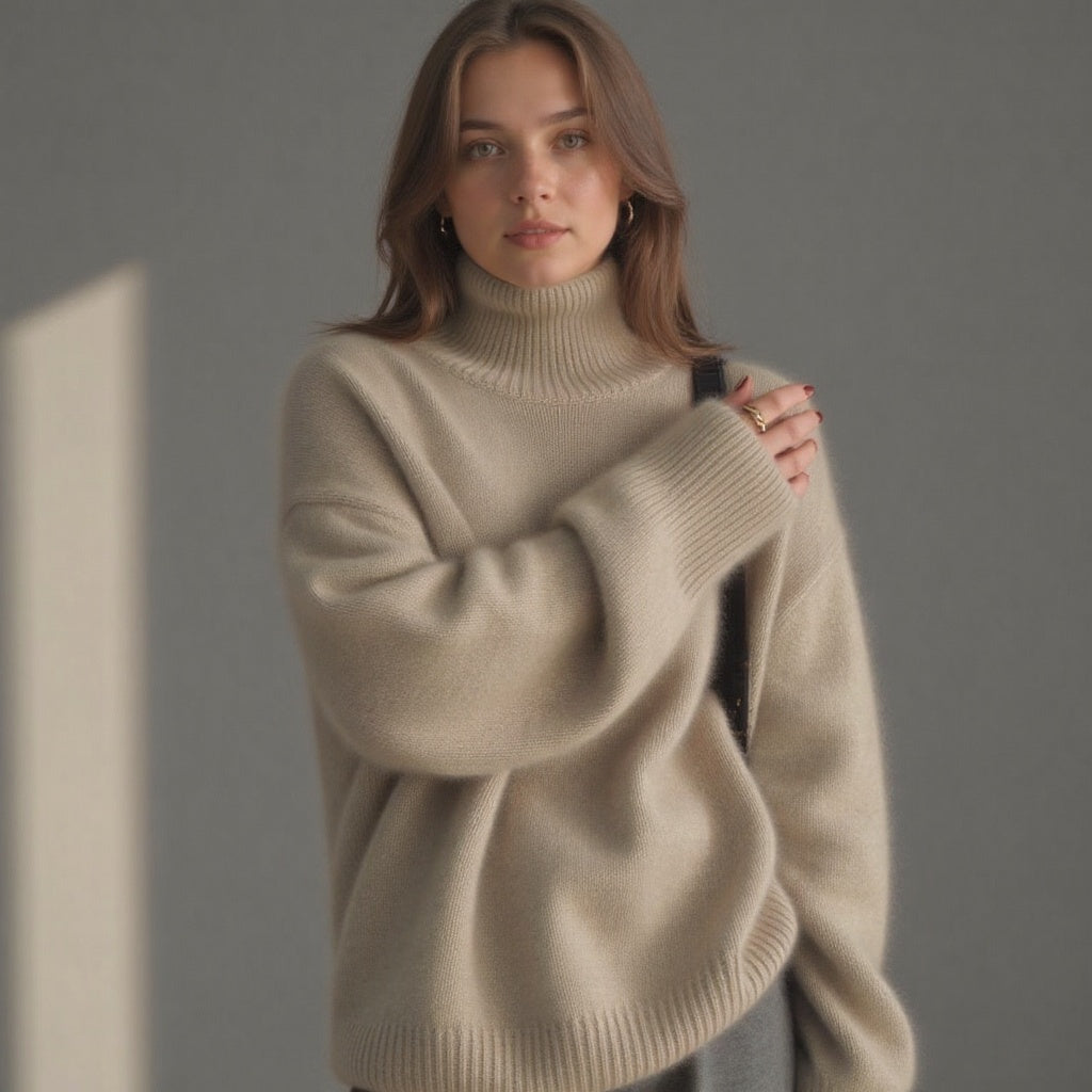 Women's Rib Knit Sweater with Turtleneck and Drop Shoulders