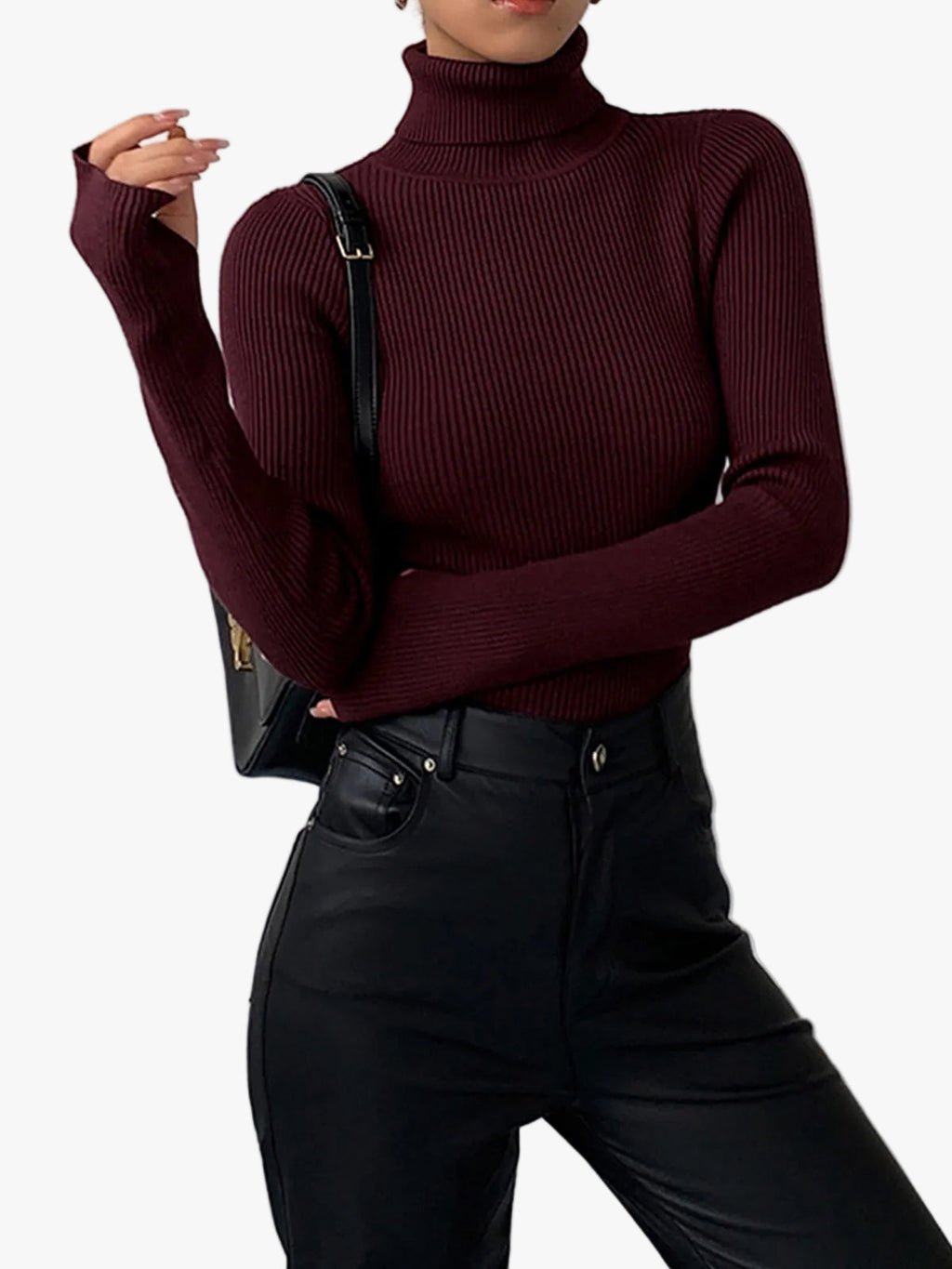 Women's Ribbed Knit Sweater with Turtleneck and Thumbhole Cuffs