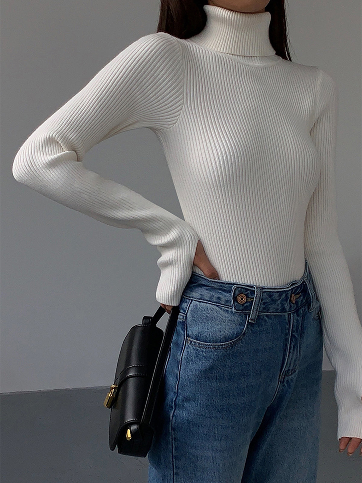 Women's Ribbed Knit Sweater with Turtleneck and Thumbhole Cuffs