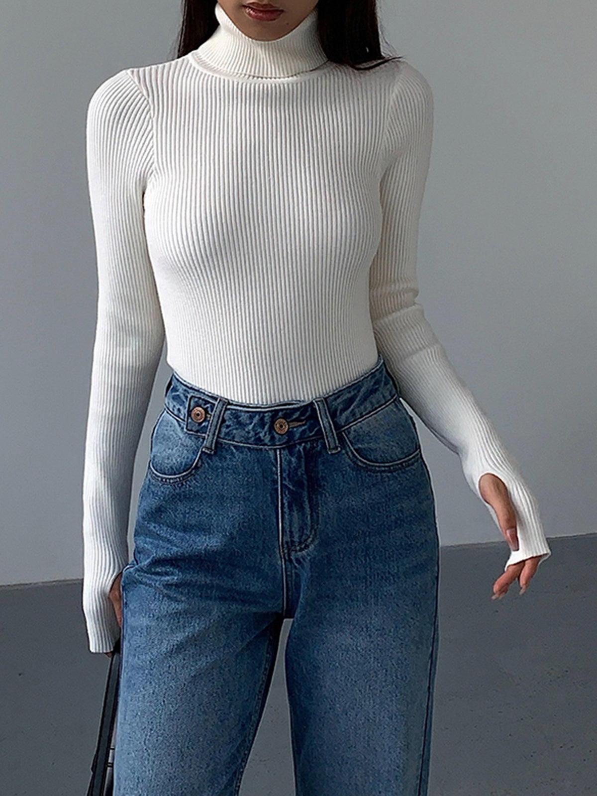 Women's Ribbed Knit Sweater with Turtleneck and Thumbhole Cuffs