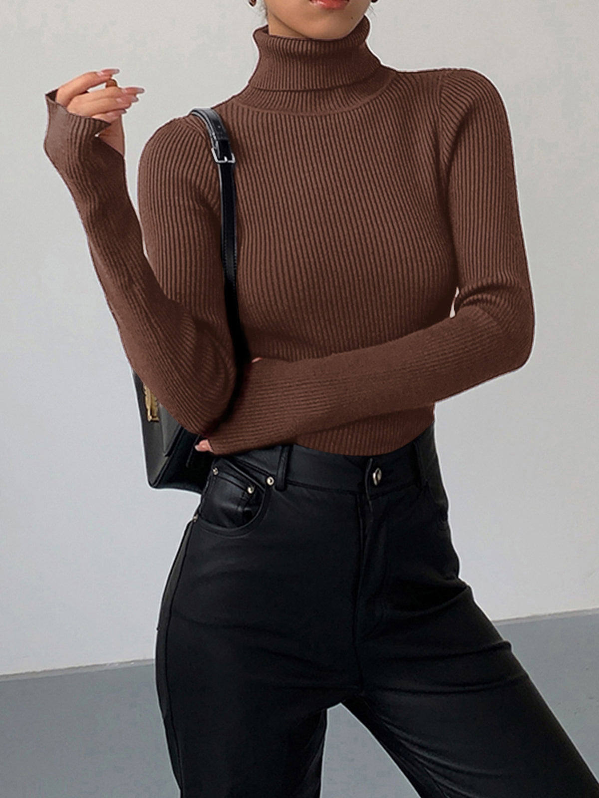 Women's Ribbed Knit Sweater with Turtleneck and Thumbhole Cuffs