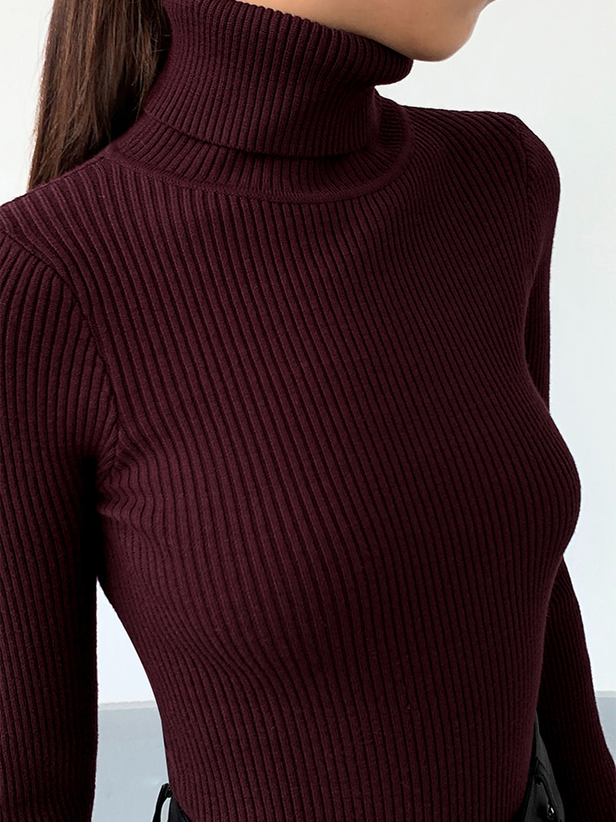 Women's Ribbed Knit Sweater with Turtleneck and Thumbhole Cuffs