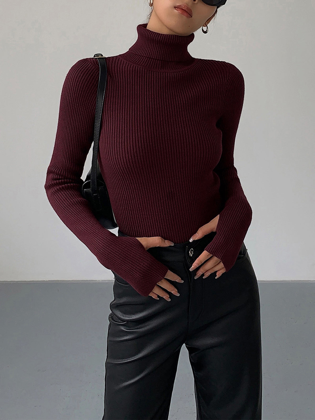 Women's Ribbed Knit Sweater with Turtleneck and Thumbhole Cuffs