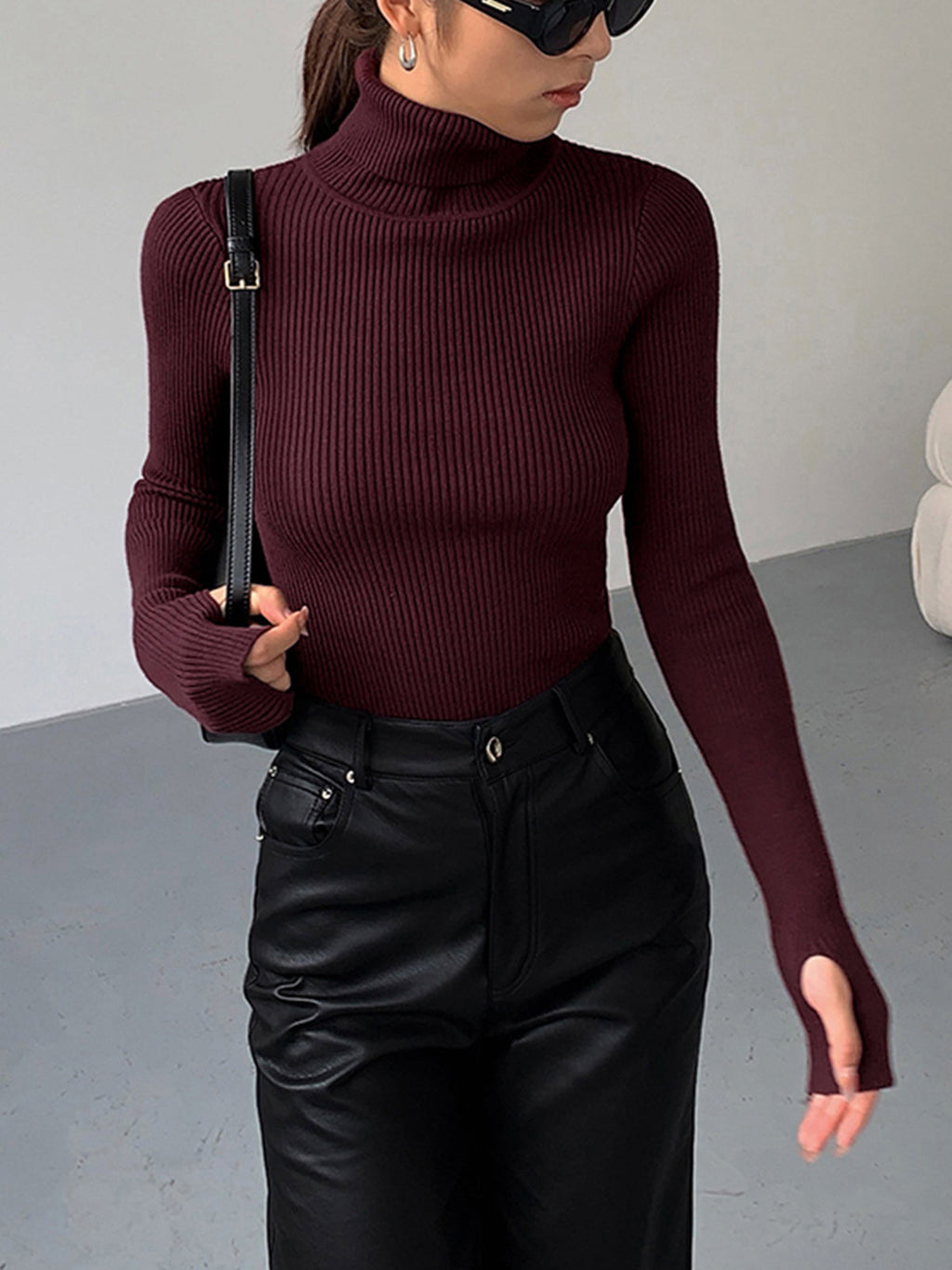 Women's Ribbed Knit Sweater with Turtleneck and Thumbhole Cuffs