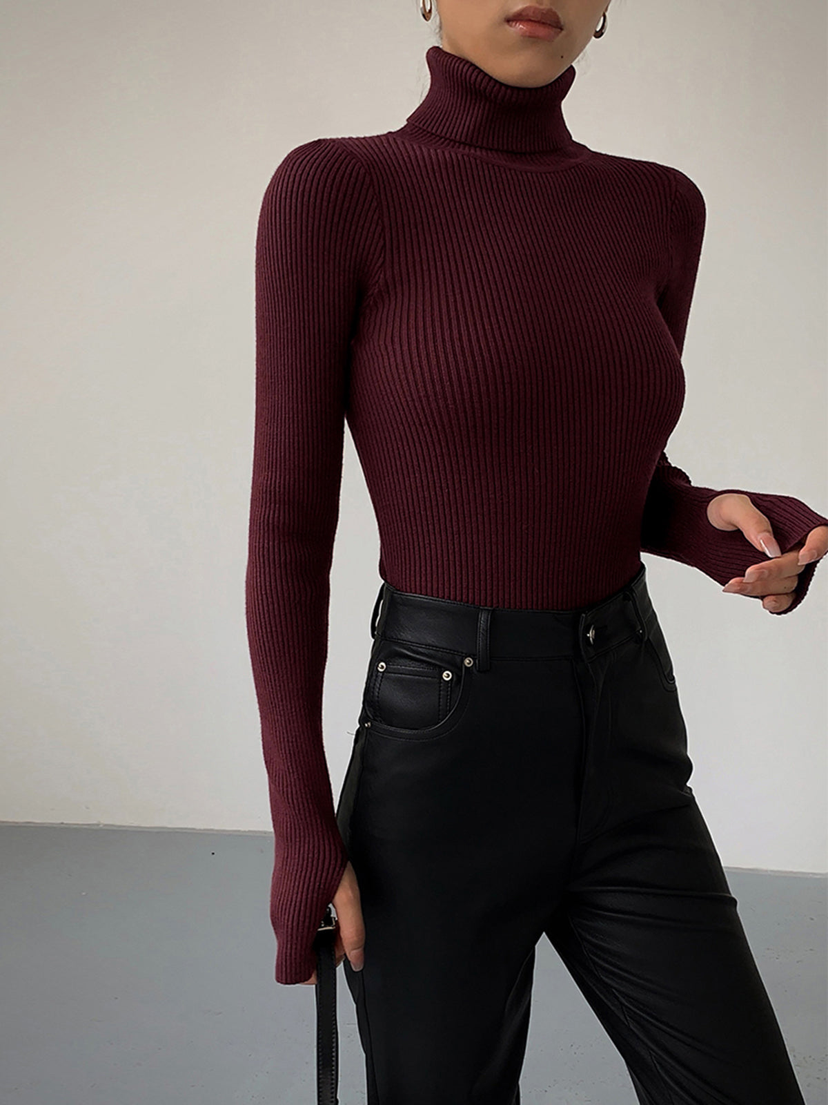 Women's Ribbed Knit Sweater with Turtleneck and Thumbhole Cuffs