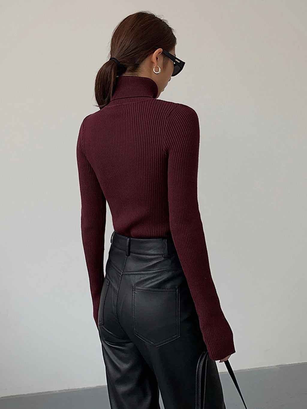 Women's Ribbed Knit Sweater with Turtleneck and Thumbhole Cuffs