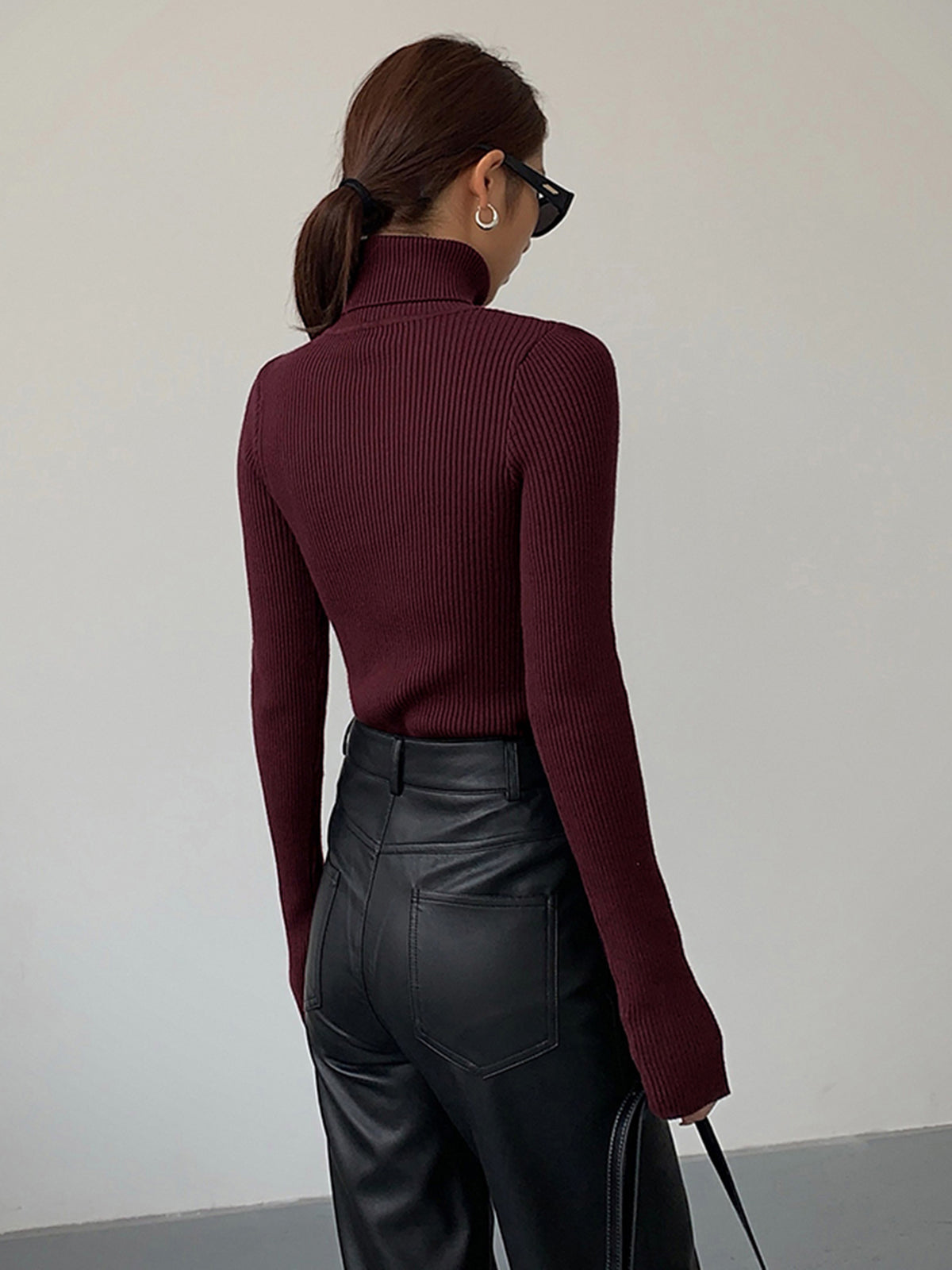 Women's Ribbed Knit Sweater with Turtleneck and Thumbhole Cuffs