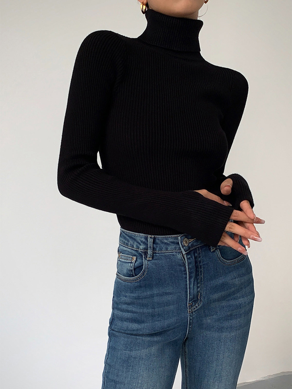 Women's Ribbed Knit Sweater with Turtleneck and Thumbhole Cuffs
