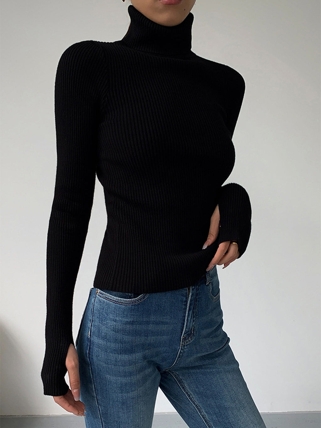 Women's Ribbed Knit Sweater with Turtleneck and Thumbhole Cuffs