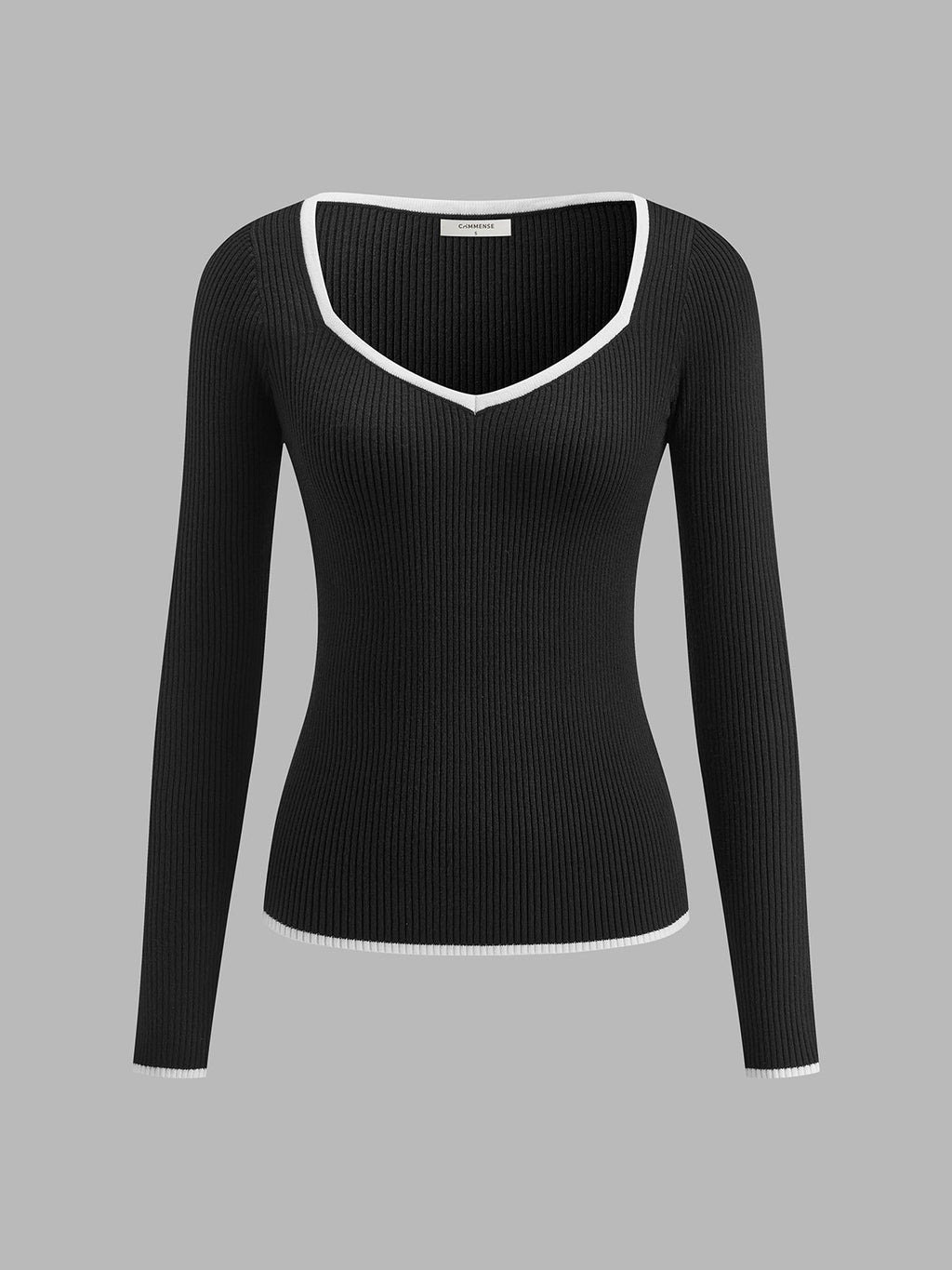 Women's Ribbed Knit Sweater with V Neck and Contrast Trim