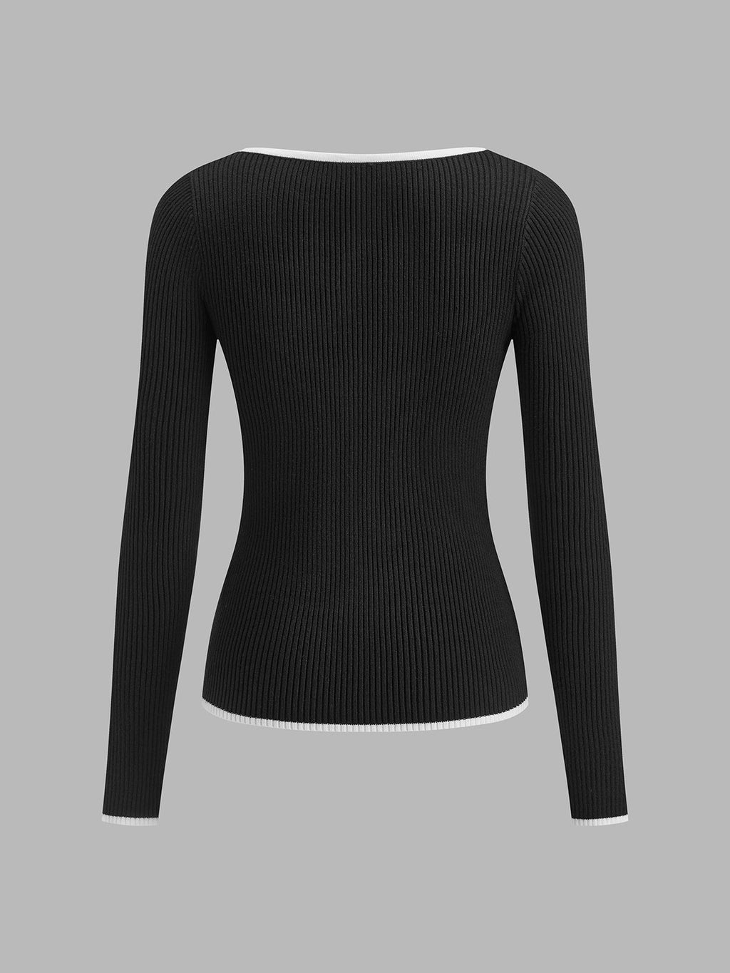 Women's Ribbed Knit Sweater with V Neck and Contrast Trim