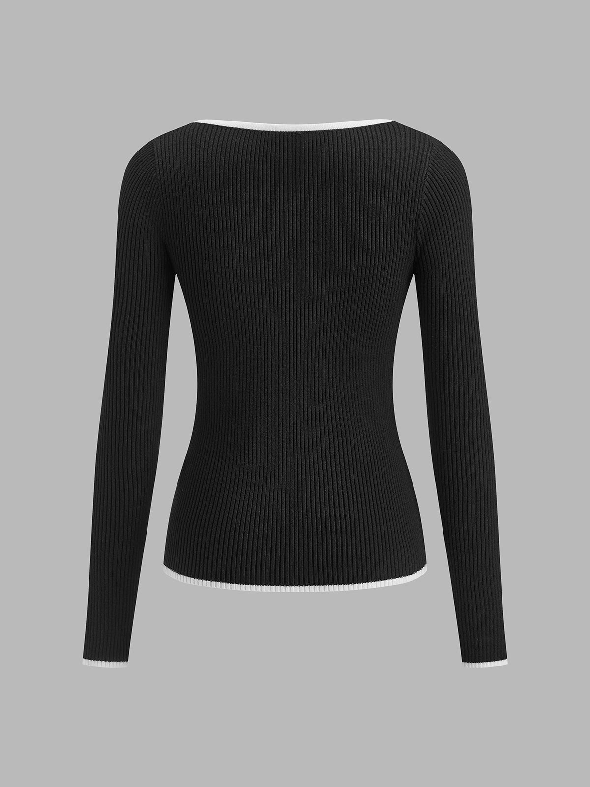 Women's Ribbed Knit Sweater with V Neck and Contrast Trim