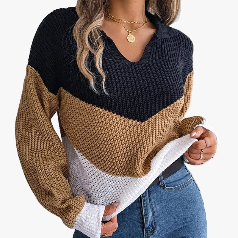 Women's Ribbed Knit Sweater with V-Neck Collar and Chevron Pattern