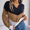 Women's Ribbed Knit Sweater with V-Neck Collar and Chevron Pattern