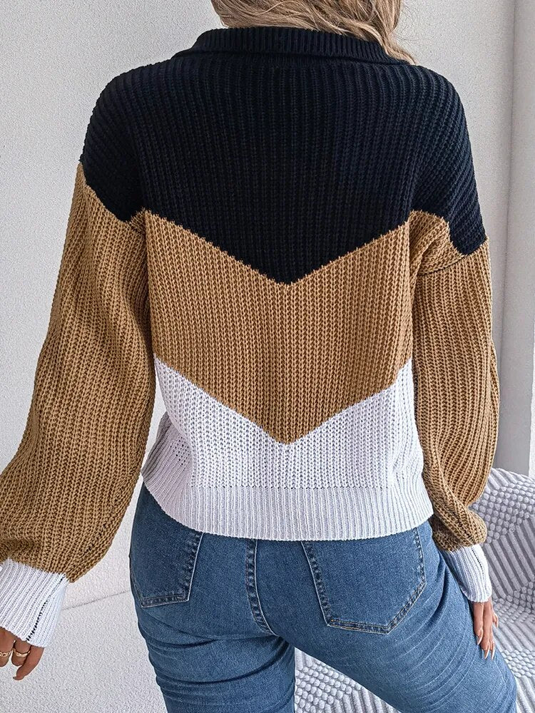 Women's Ribbed Knit Sweater with V-Neck Collar and Chevron Pattern