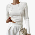 Women's Ribbed Knit Top with Crew Neck and Seamed Front