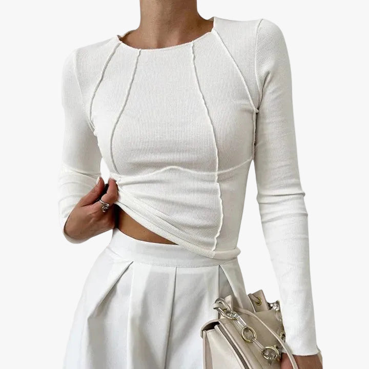 Women's Ribbed Knit Top with Crew Neck and Seamed Front