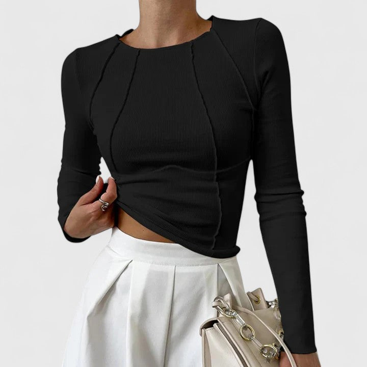 Women's Ribbed Knit Top with Crew Neck and Seamed Front