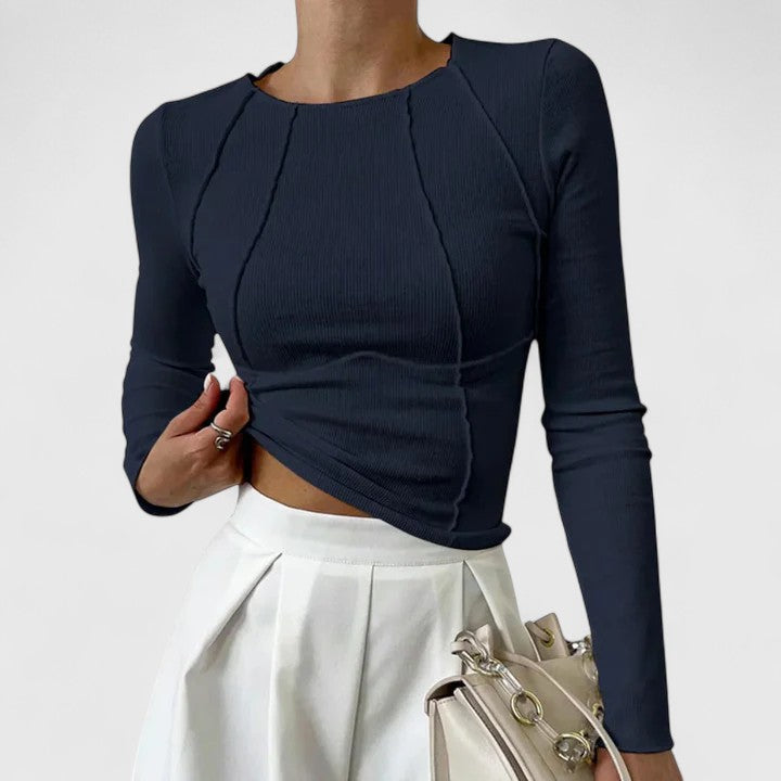 Women's Ribbed Knit Top with Crew Neck and Seamed Front